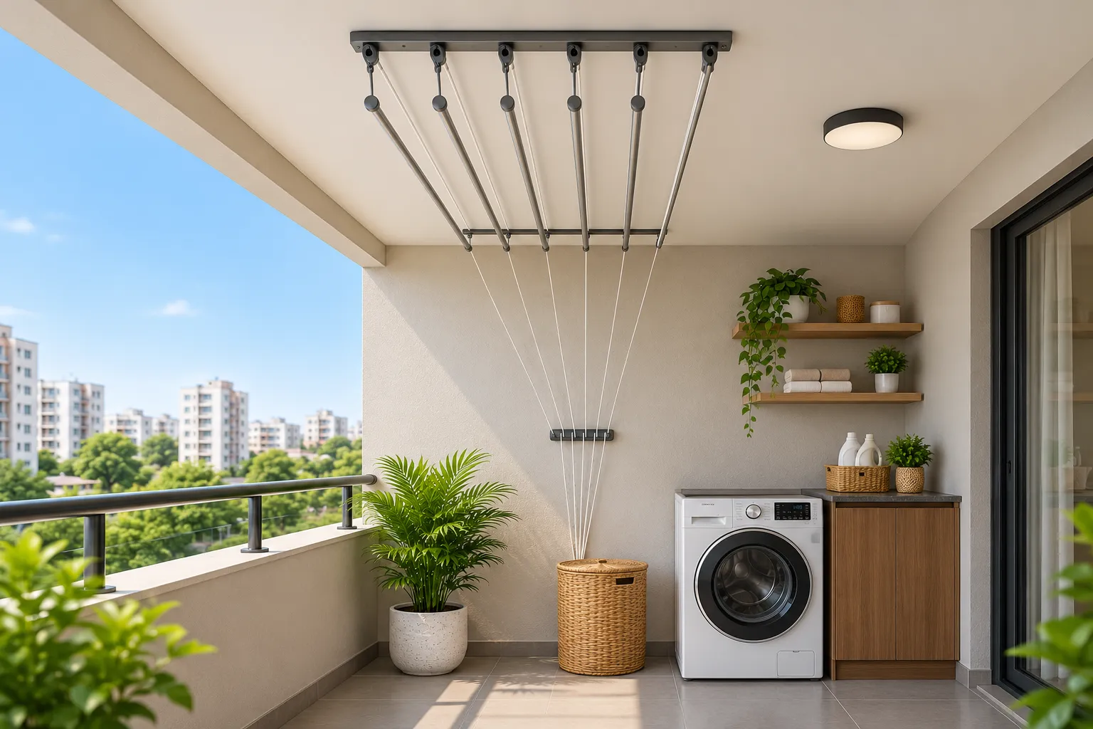 Ceiling cloth drying rack installed in a balcony